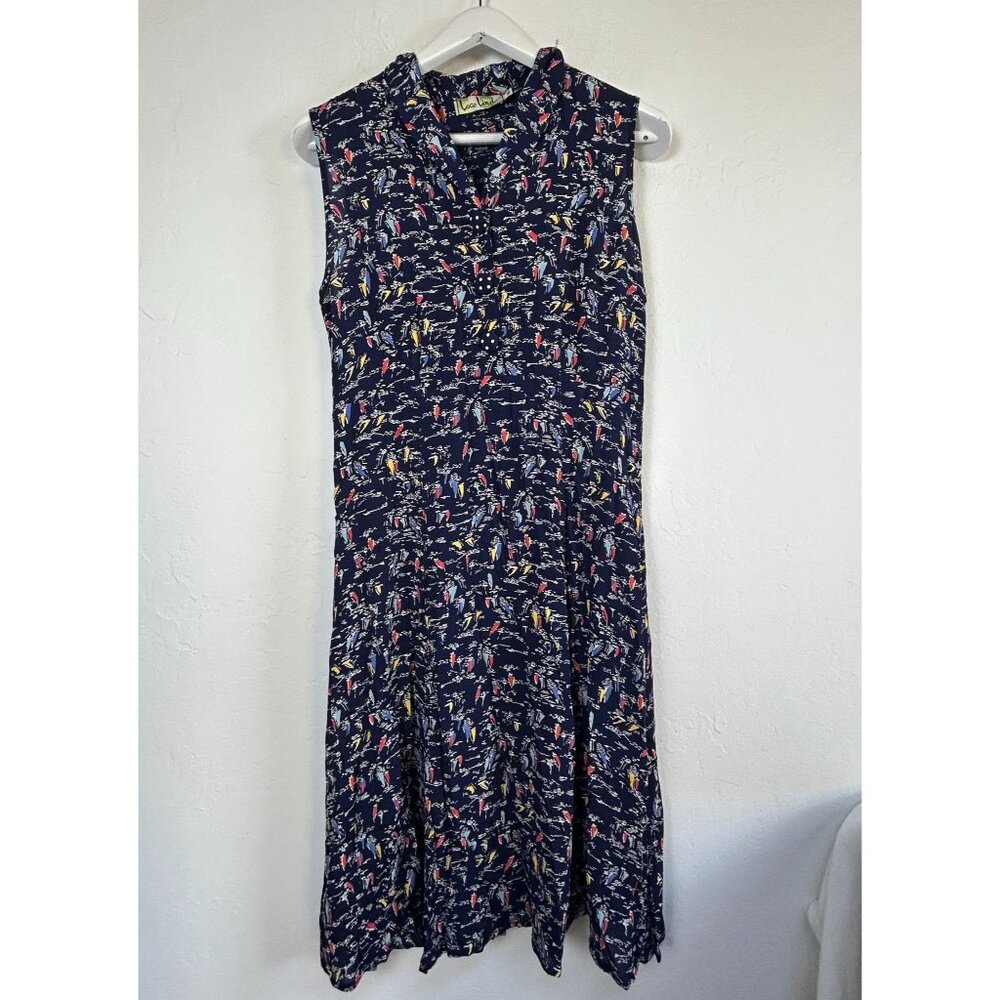 Loco Lindo Womens Navy Boat Print Sleeveless A-Line Midi Dress Medium USA Made